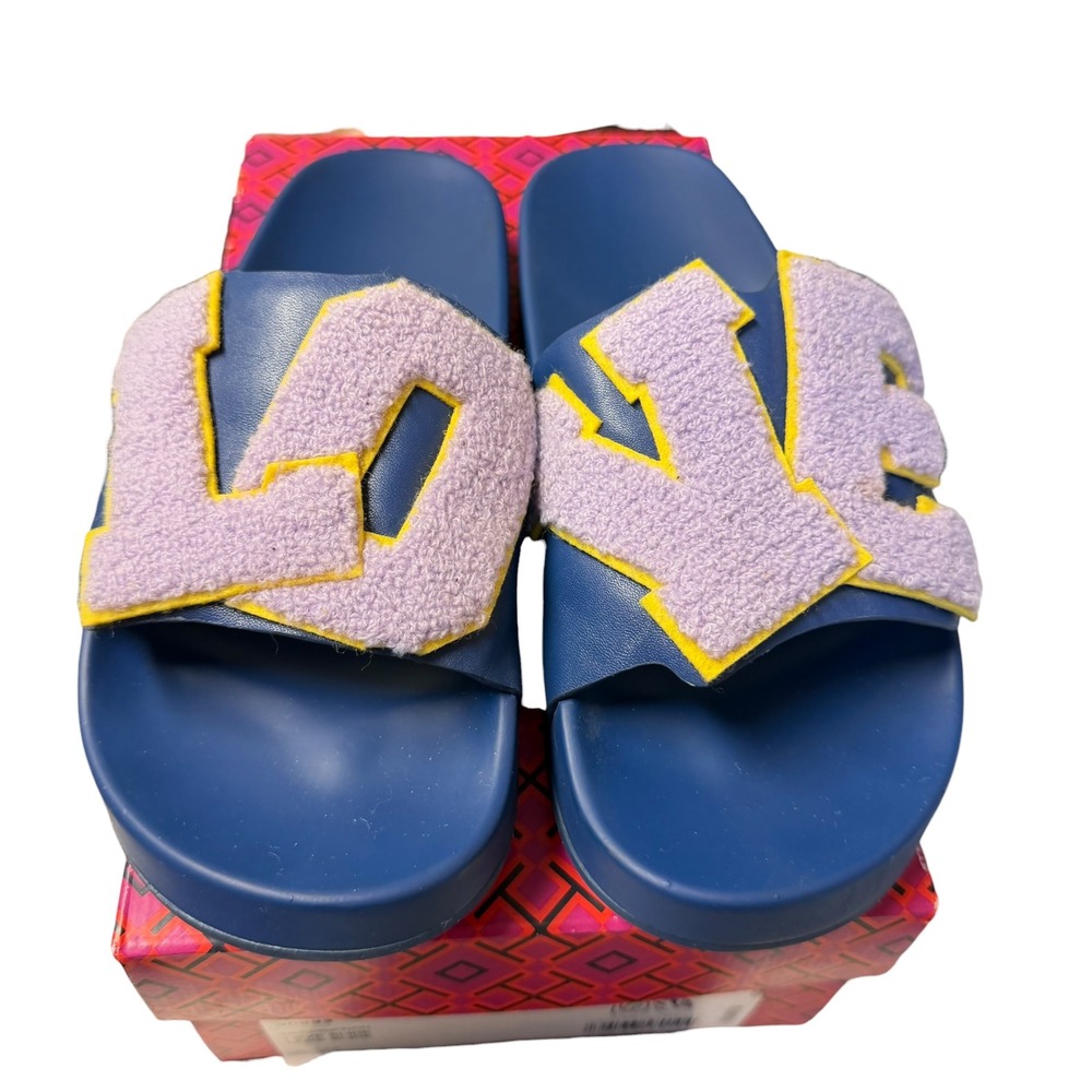 Tory Burch Love Slide Blue Wash Lavender Chenille Patch Platform Sandals  8